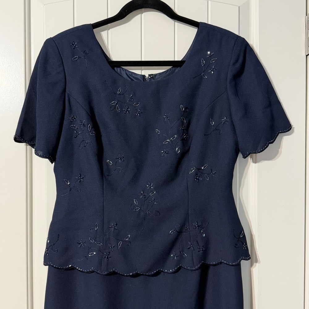 R&M Richards Mother of the Bride Dress 10 Navy Blue Embroidered Beaded Formal